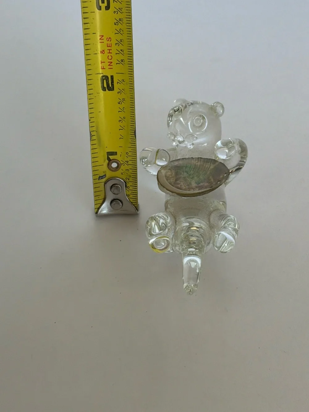 Hand Blown Clear Glass Sea Otter Figurine Holding Abalone Shell Trinket Dish